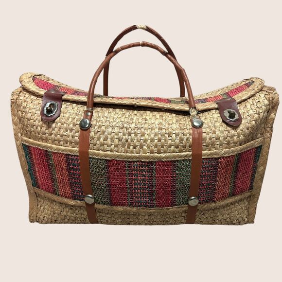 🧺 VTG WOVEN STRAW SUITCASE TOTE MEXICAN SOUVENIR MARKET BAG TURN LOCK CLOSURE - Picture 2 of 8